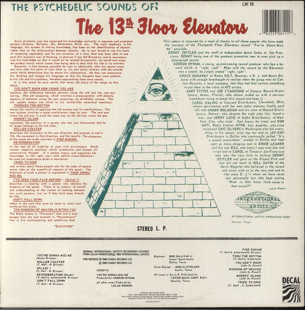 13th Floor Elevators The Psychedelic Sounds Of - EX UK vinyl LP album (LP record) 082333081116
