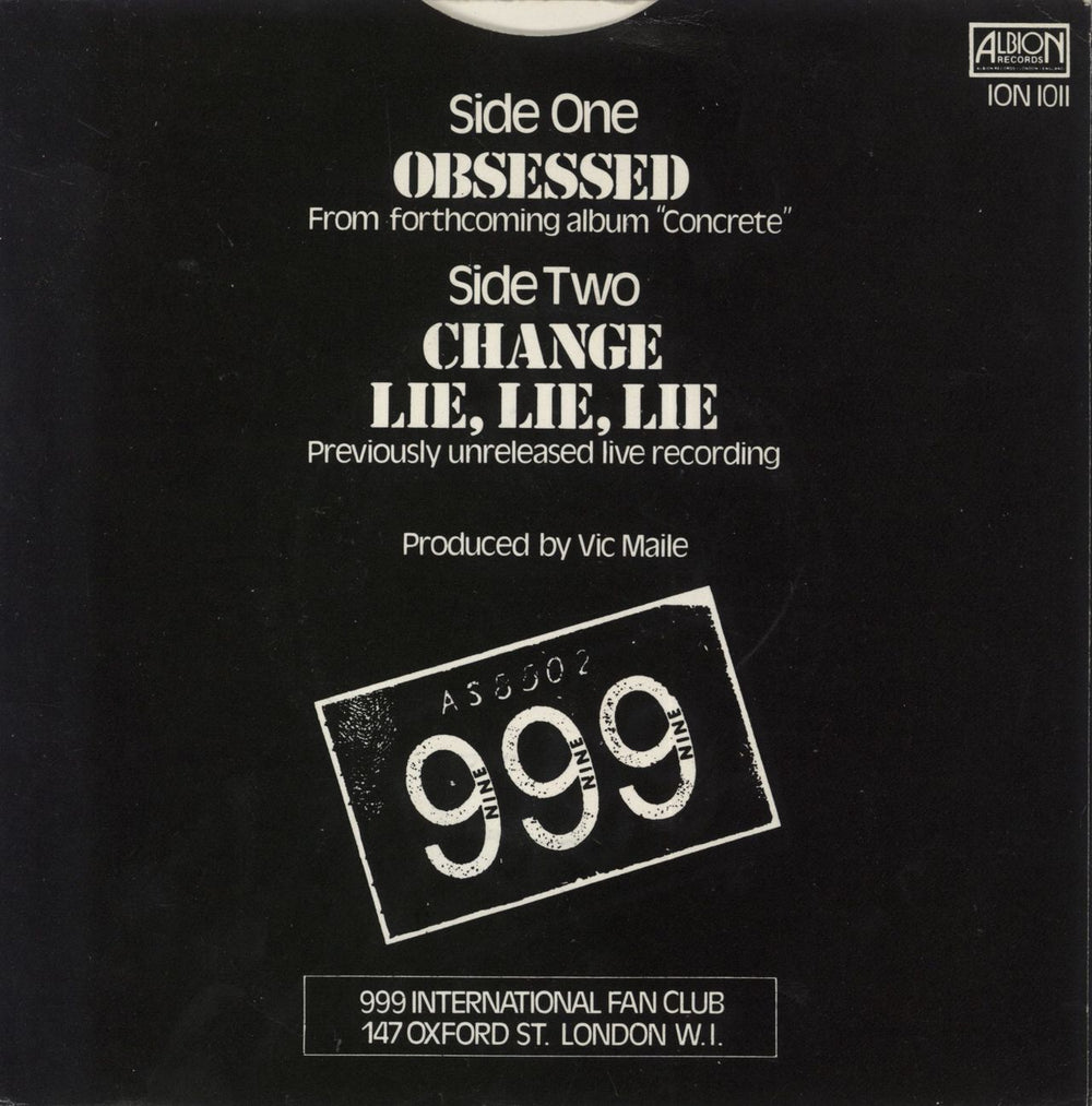999 Obsessed + Patch UK 7" vinyl single (7 inch record / 45)