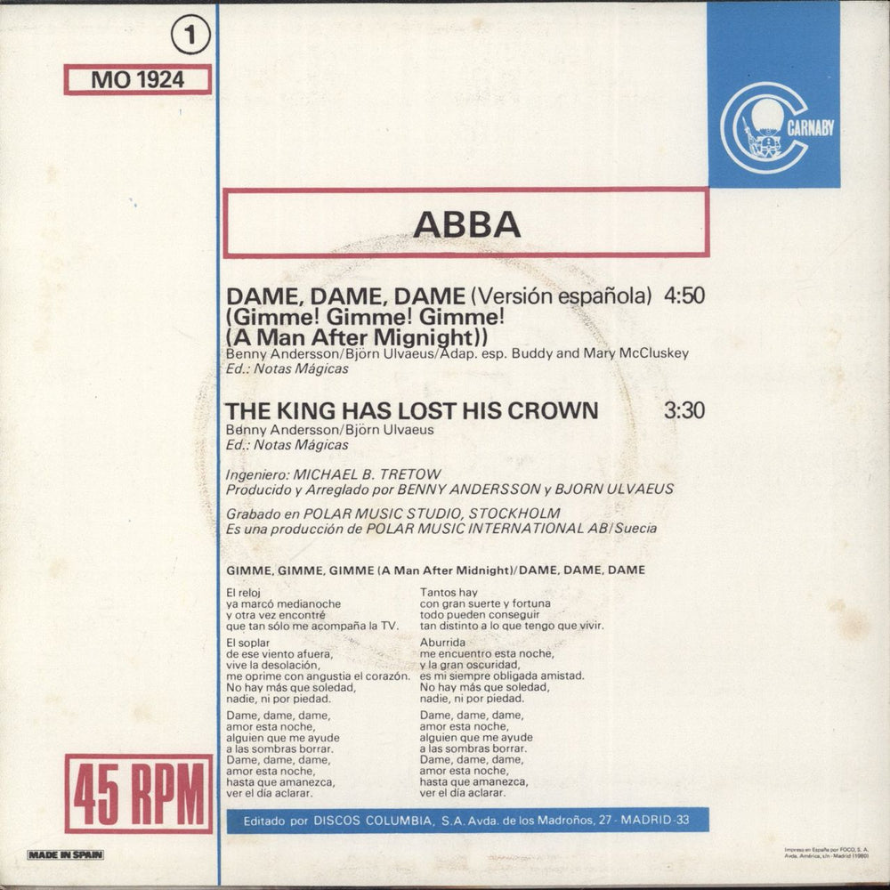 Abba Dame! Dame! Dame! Spanish 7" vinyl single (7 inch record / 45)