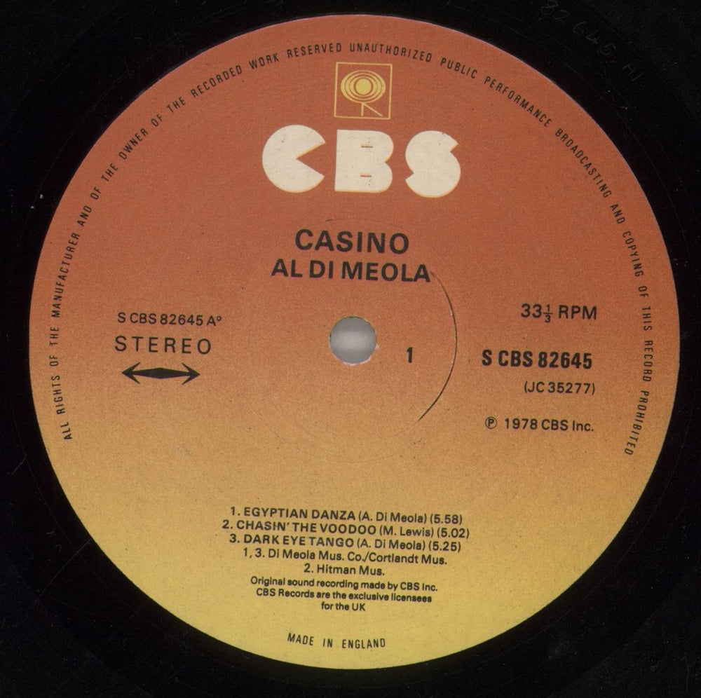 Al Di Meola Casino + Insert UK vinyl LP album (LP record) AL5LPCA494875