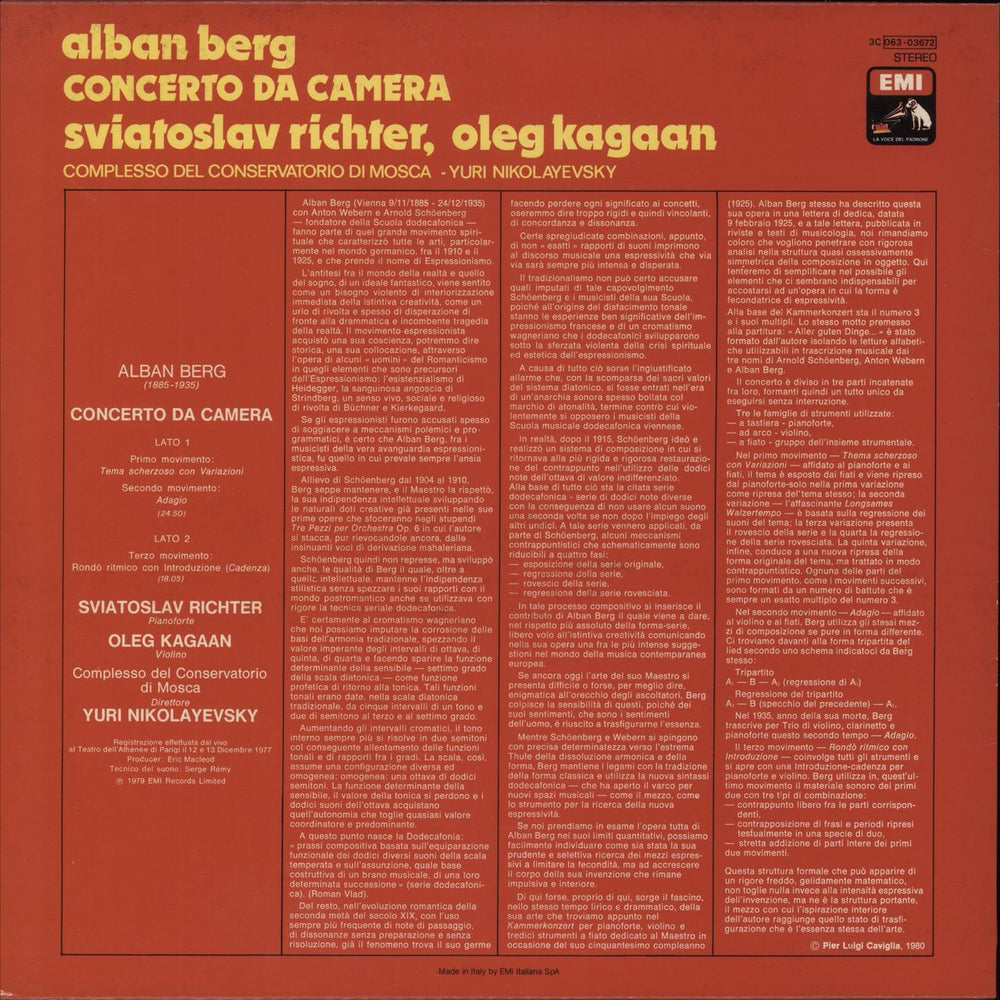 Alban Berg Berg: Concerto Da Camera Italian vinyl LP album (LP record)