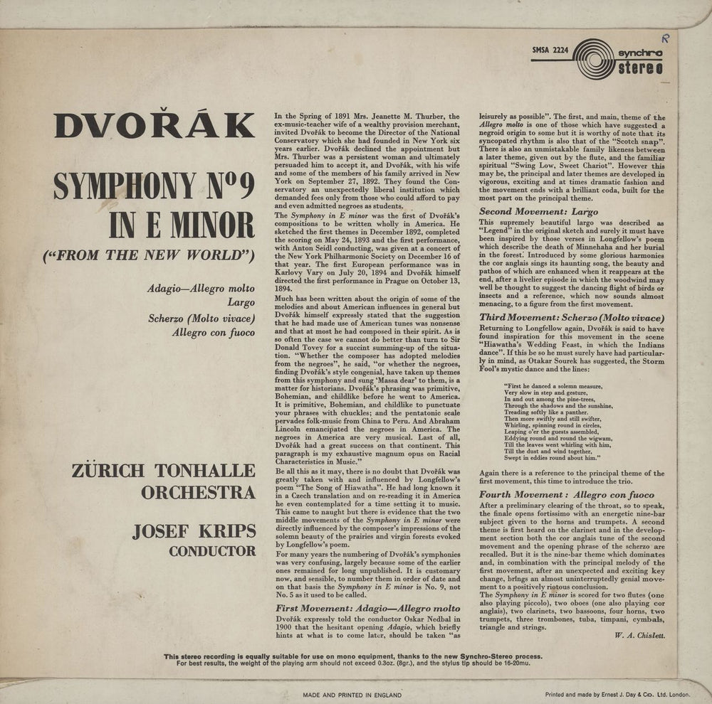 Antonín Dvorák Symphony No. 9 in E Minor ("From The New World" UK vinyl LP album (LP record)