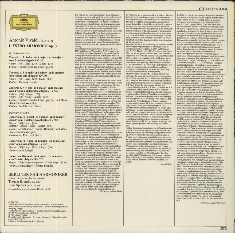 Antonio Vivaldi L'Estro Armonico German vinyl LP album (LP record)