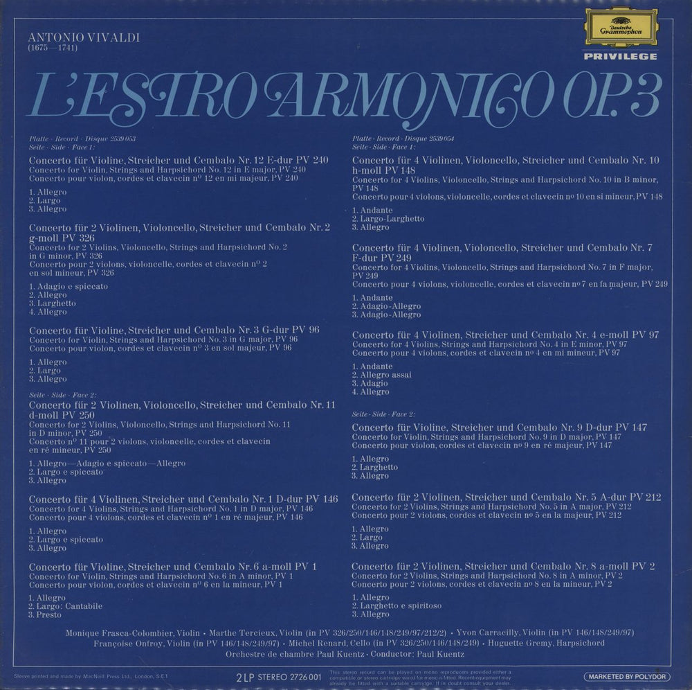 Antonio Vivaldi Vivaldi: L'Estro Armonico Op. 3 UK 2-LP vinyl record set (Double LP Album)