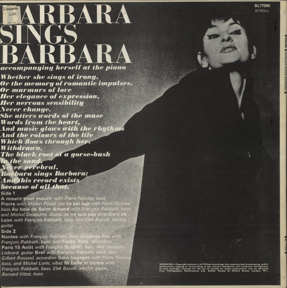 Barbara Barbara Sings Barbara UK vinyl LP album (LP record)