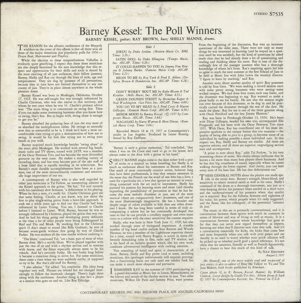 Barney Kessel The Poll Winners US vinyl LP album (LP record)