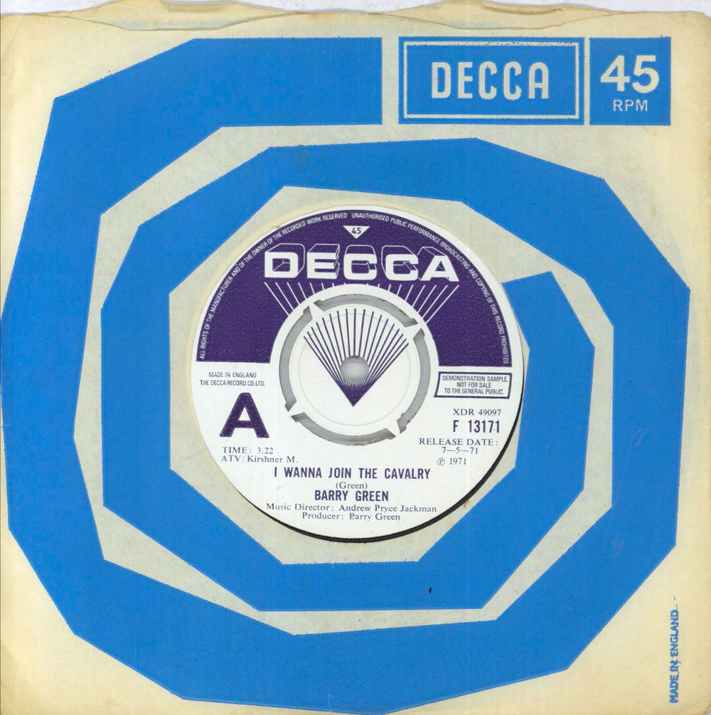 Barry Blue I Wanna Join The Cavalry - A Label UK 7" vinyl single (7 inch record / 45) F13171