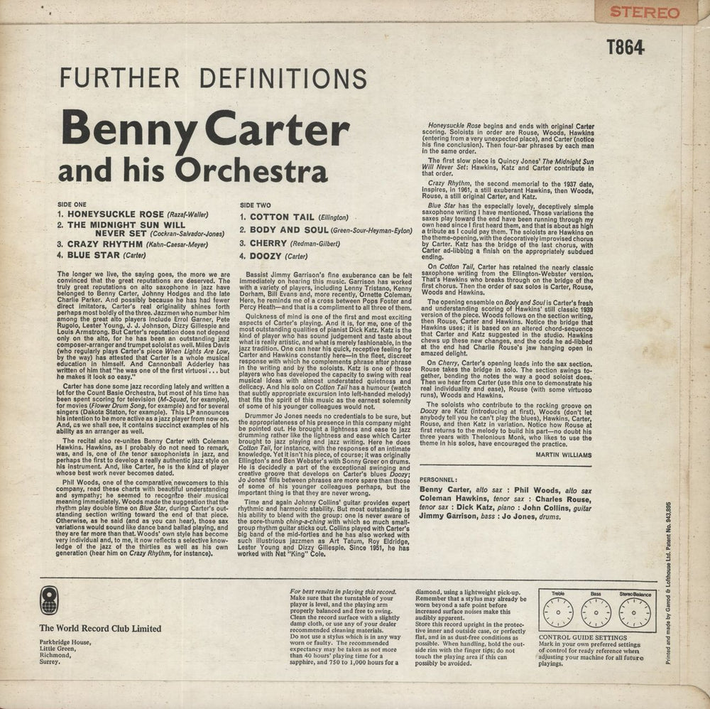 Benny Carter Further Definitions UK vinyl LP album (LP record)