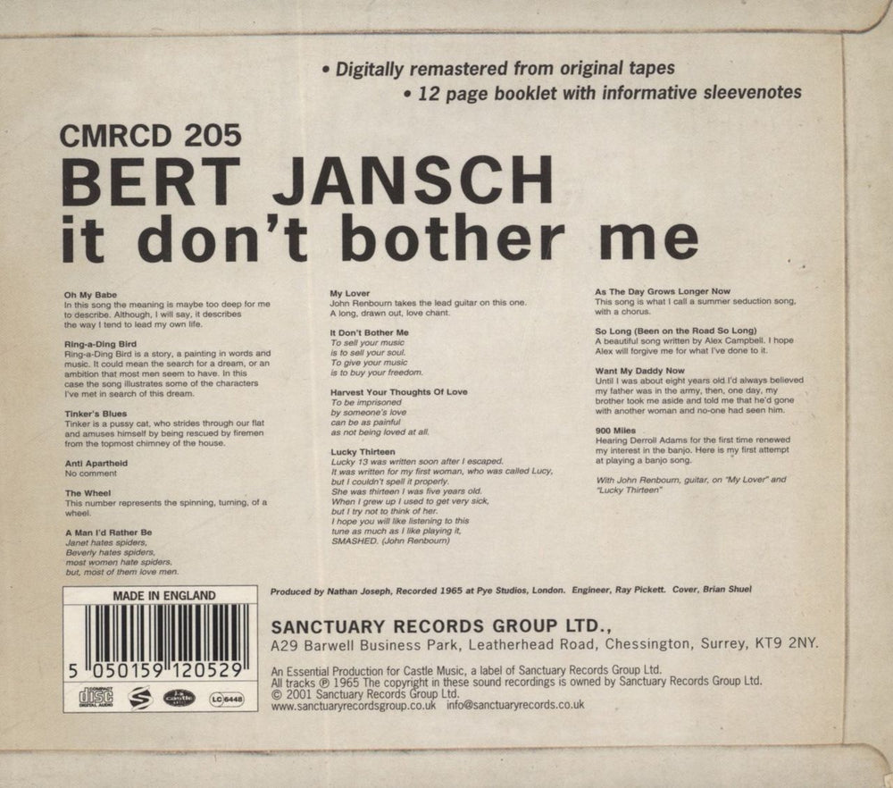 Bert Jansch It Don't Bother Me: Remastered + Slipcase UK CD album (CDLP) JSHCDIT841094