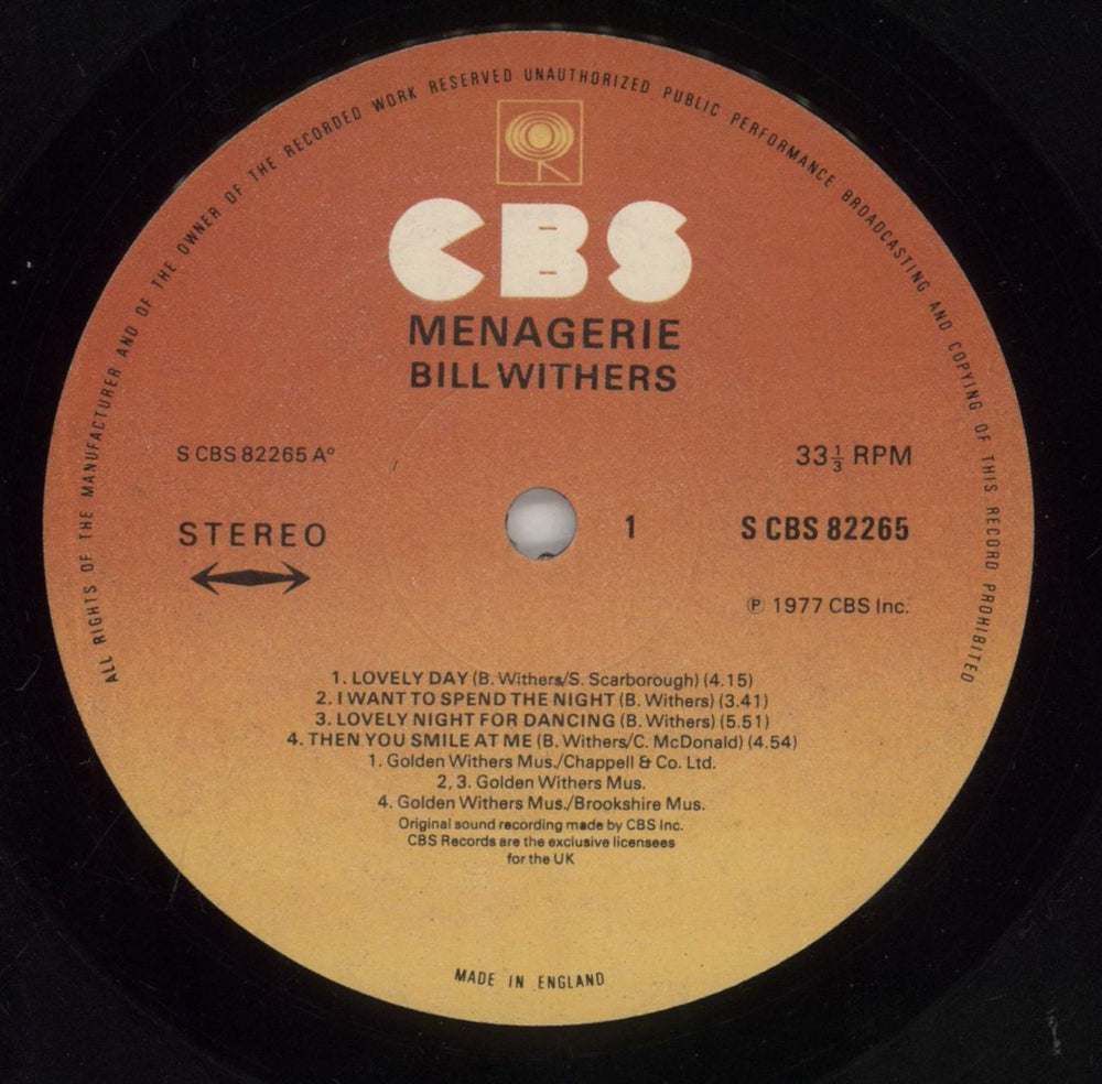 Bill Withers Menagerie UK vinyl LP album (LP record) BWTLPME289212