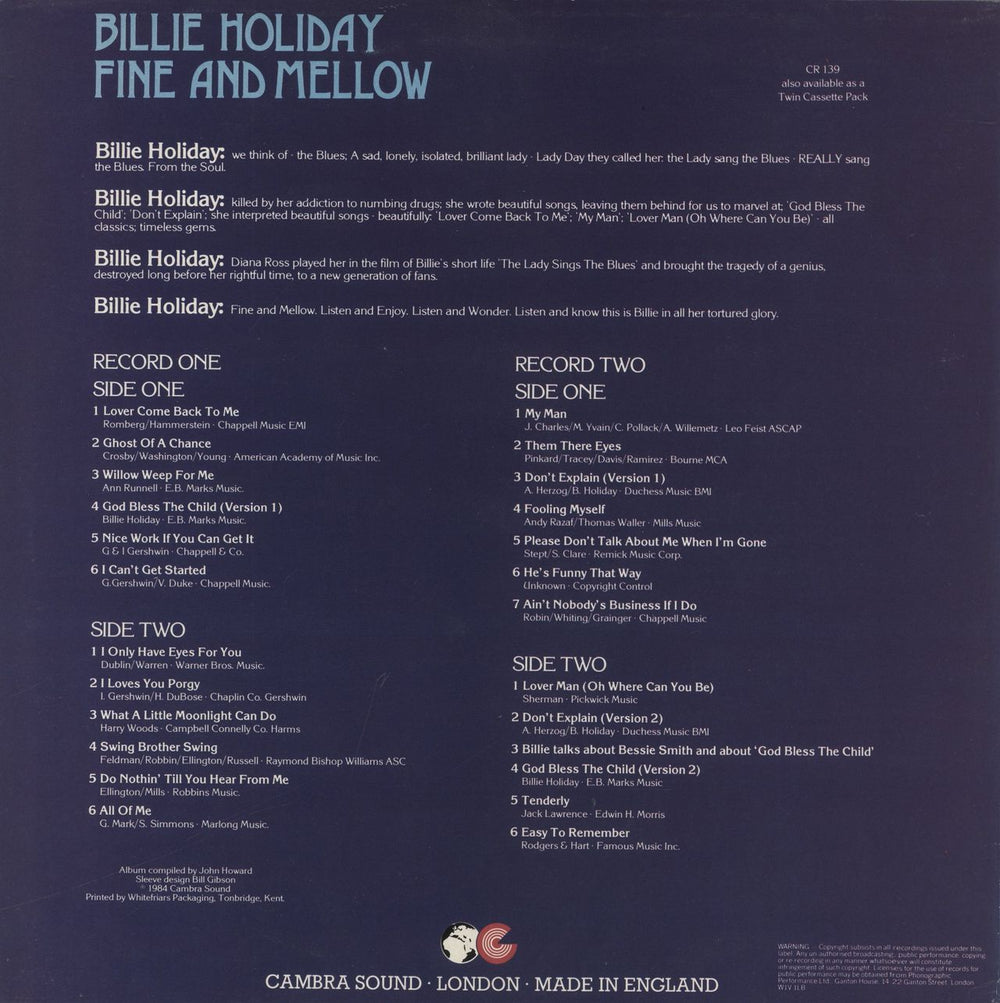 Billie Holiday Fine And Mellow UK 2-LP vinyl record set (Double LP Album)