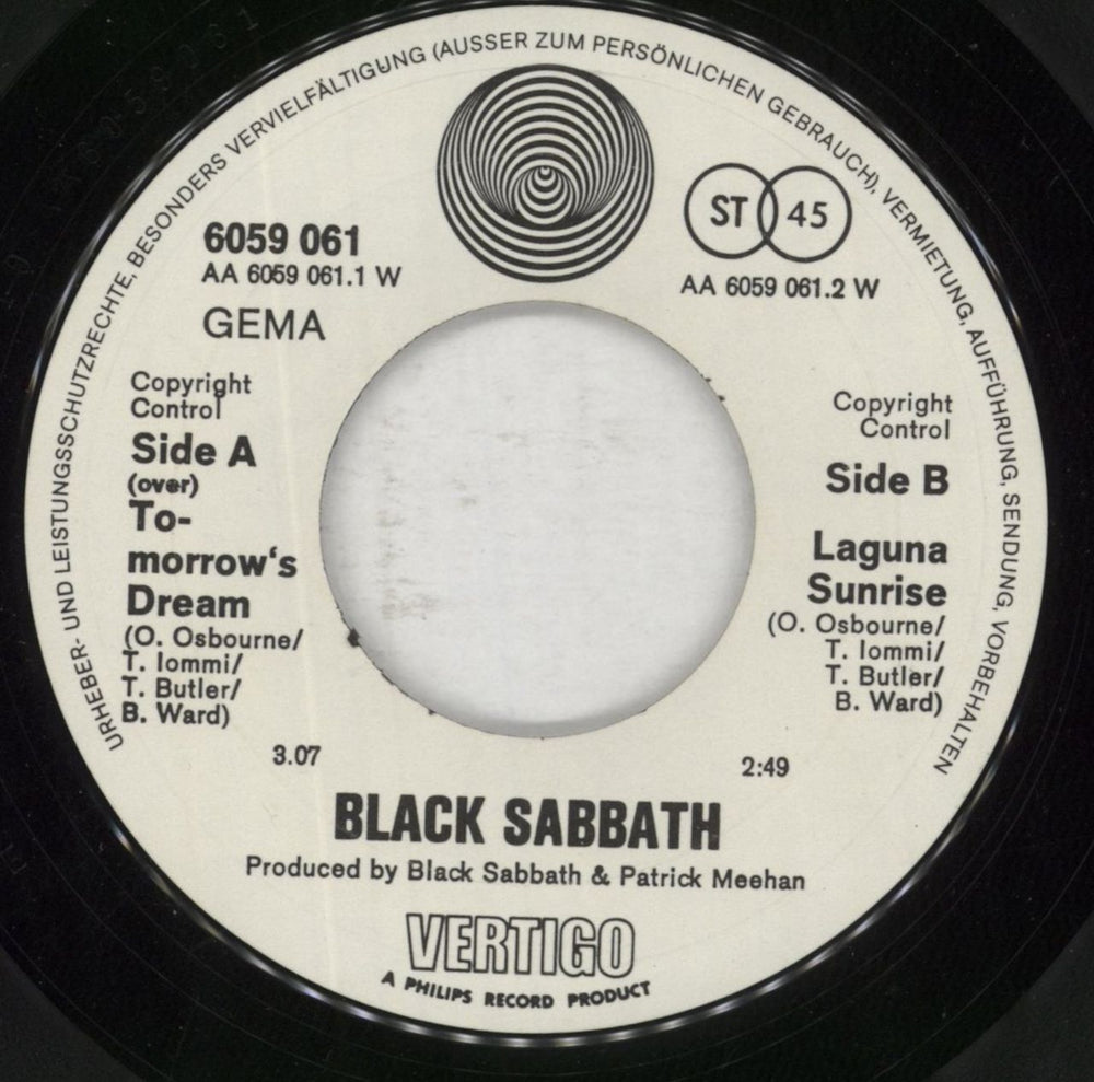 Black Sabbath Tomorrow's Dream German 7" vinyl single (7 inch record / 45)