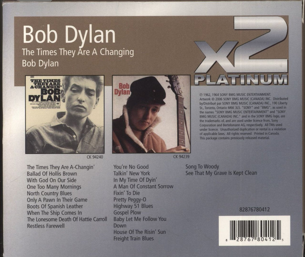 Bob Dylan The Times They Are A Changin' / Bob Dylan Canadian 2 CD album set (Double CD) 828767804125