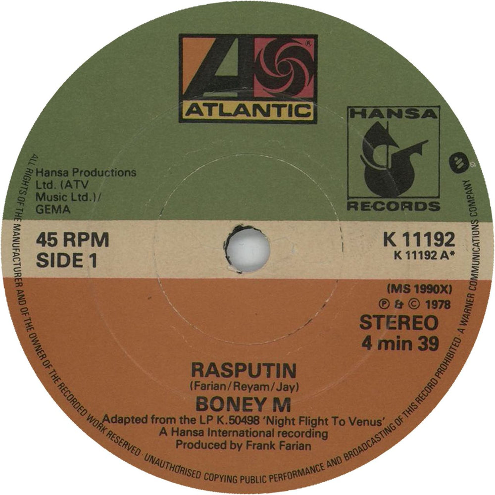 Boney M Rasputin UK 7" vinyl single (7 inch record / 45) K11192