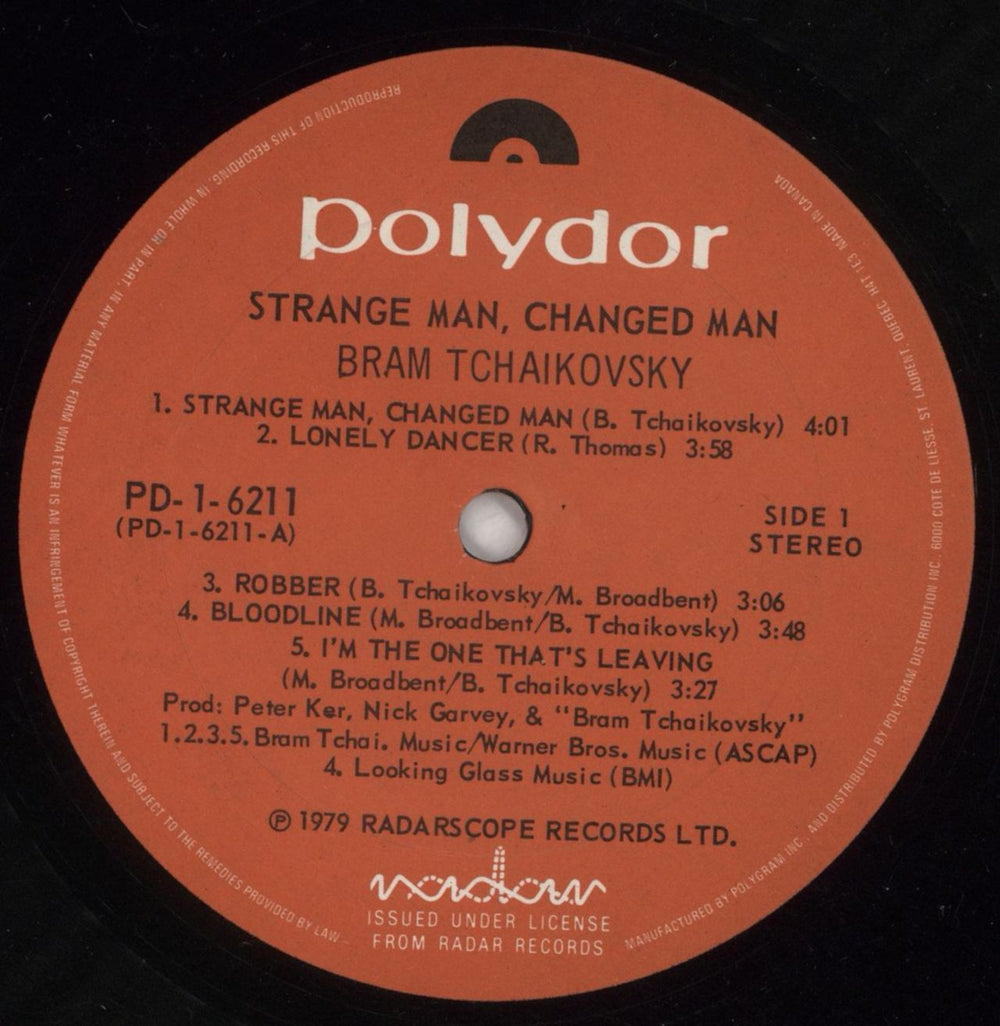 Bram Tchaikovsky Strange Man, Changed Man Canadian vinyl LP album (LP record) BT9LPST598266
