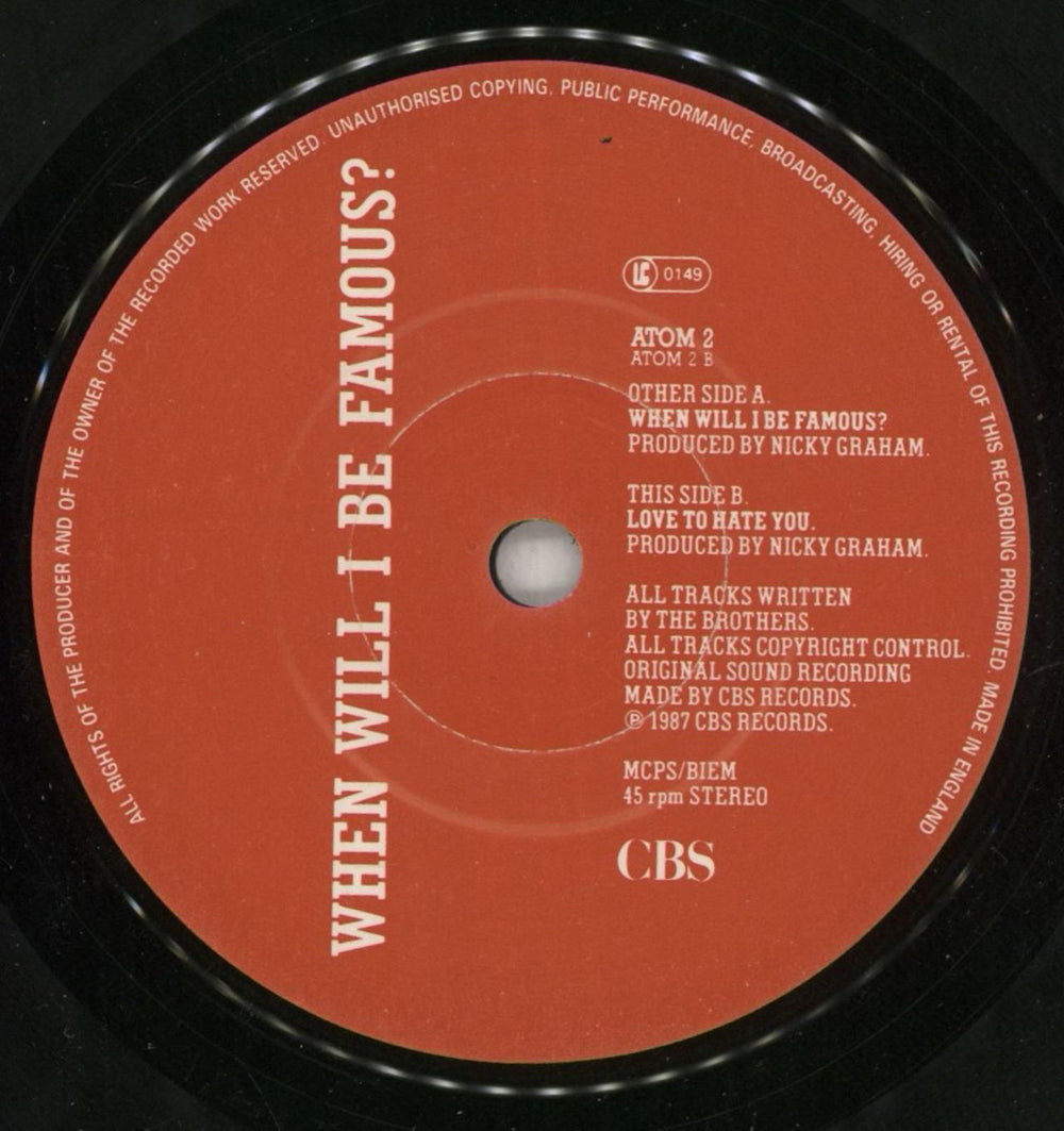 Bros When Will I Be Famous UK 7" vinyl single (7 inch record / 45) BRO07WH105507