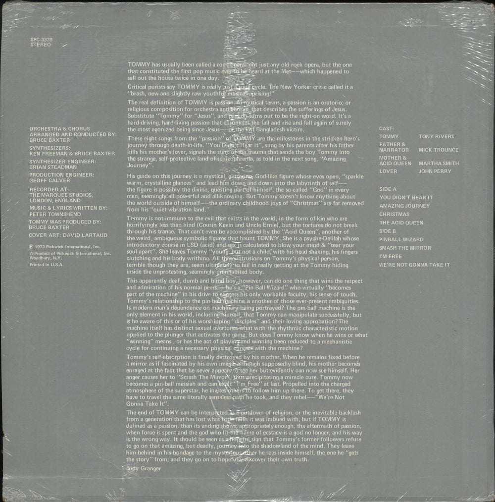 Bruce Baxter Tommy (Excerpts From The Rock Opera) US vinyl LP album (LP record)