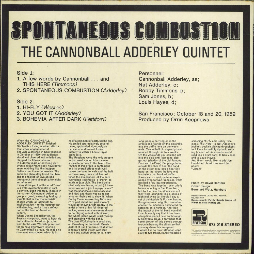 Cannonball Adderley Spontaneous Combustion US vinyl LP album (LP record)