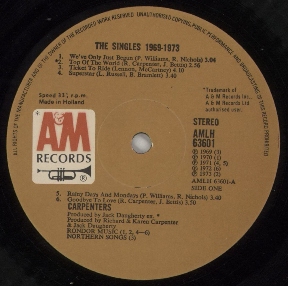 Carpenters The Singles 1969-1973 - EX Dutch vinyl LP album (LP record) CRPLPTH664076