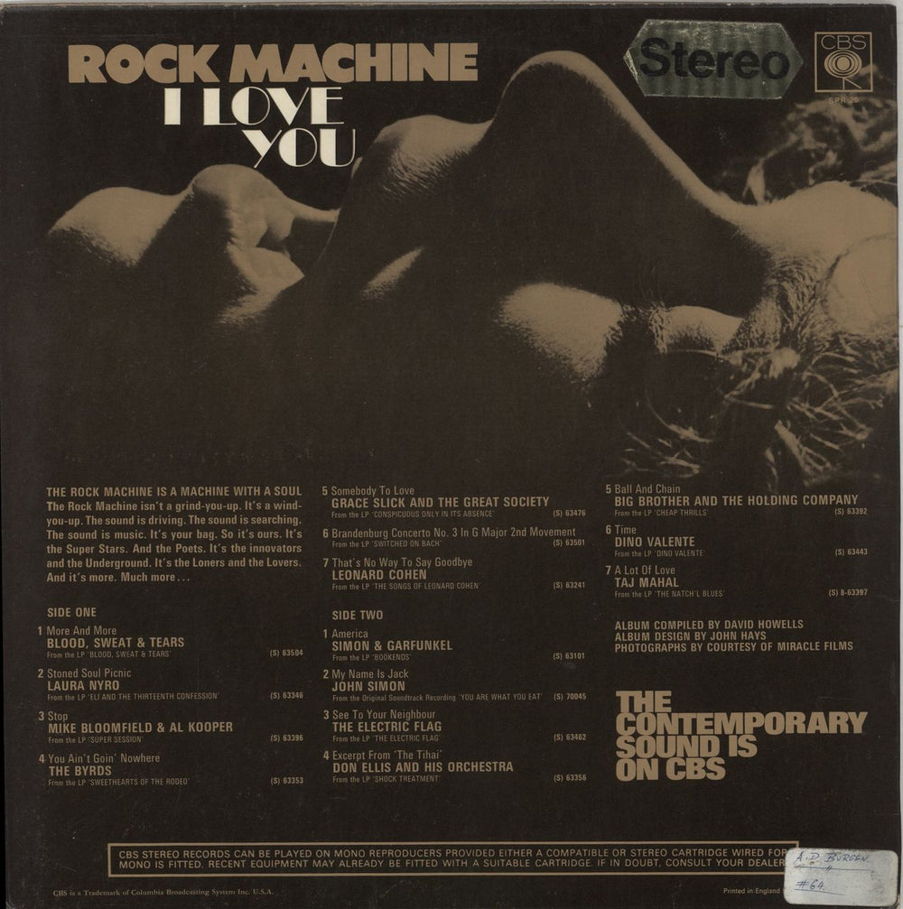 CBS Records Rock Machine I Love You - stickered p/s UK vinyl LP album (LP record)