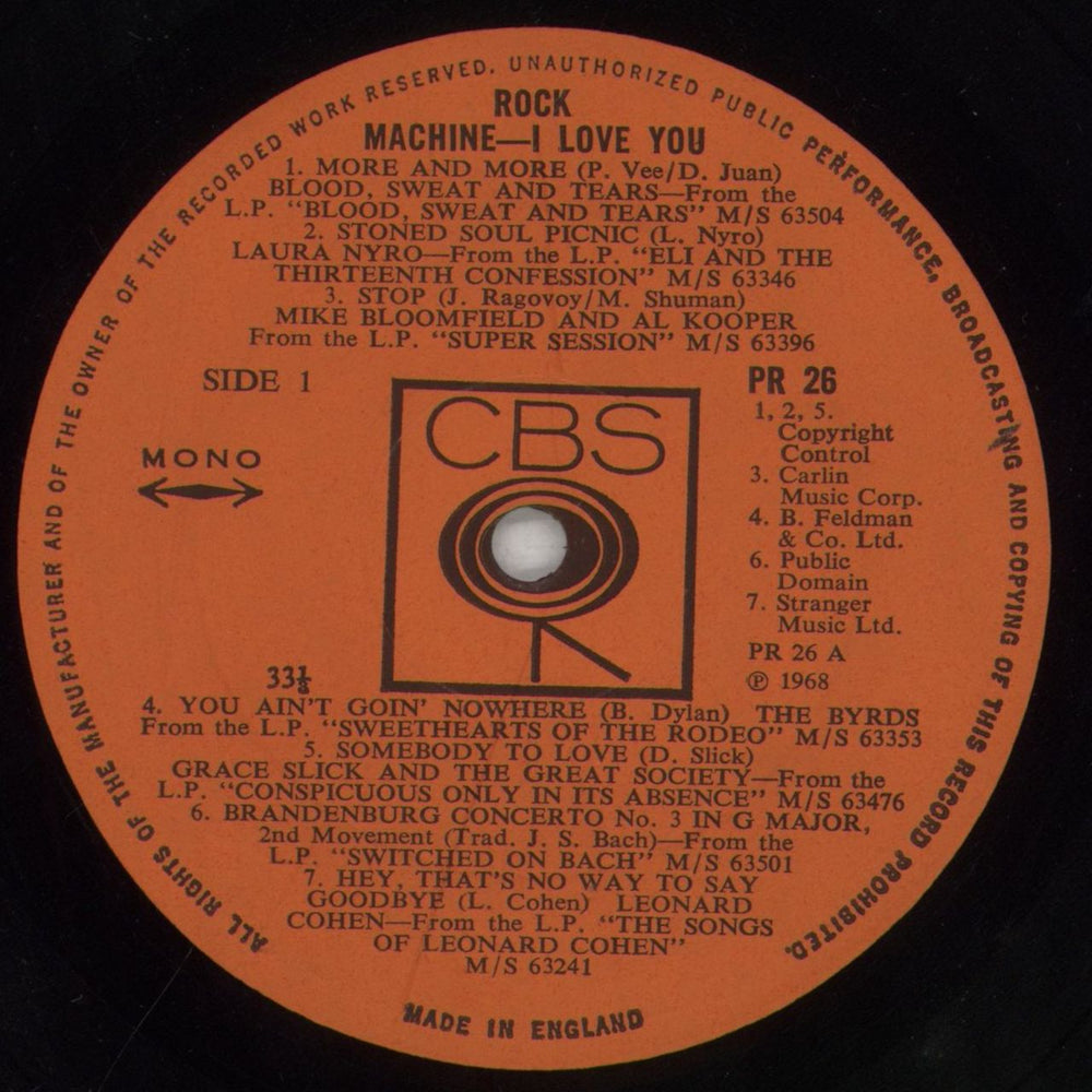 CBS Records Rock Machine I Love You UK vinyl LP album (LP record) I1ULPRO715907