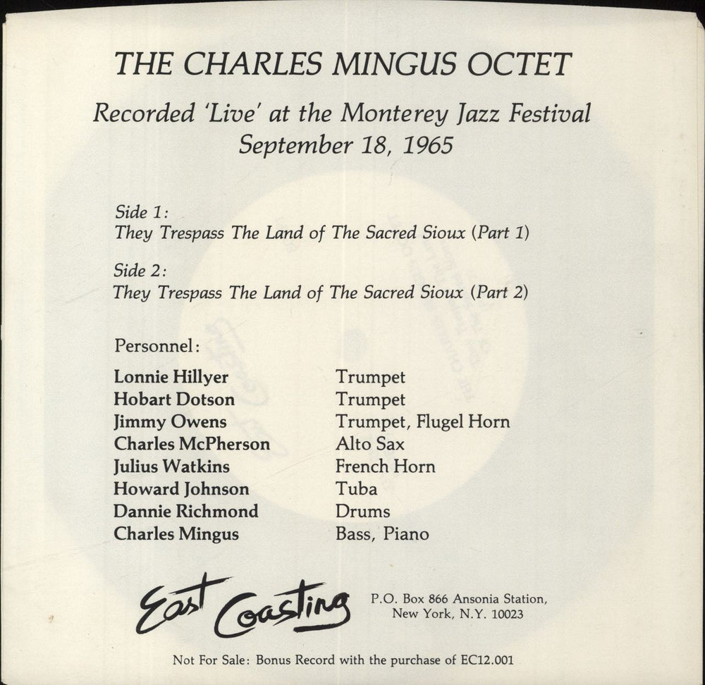 Charles Mingus Music Written For Monterey 1965, Not Heard, Played In Its Entirety At UCLA + 7" US 2-LP vinyl record set (Double LP Album) 1984