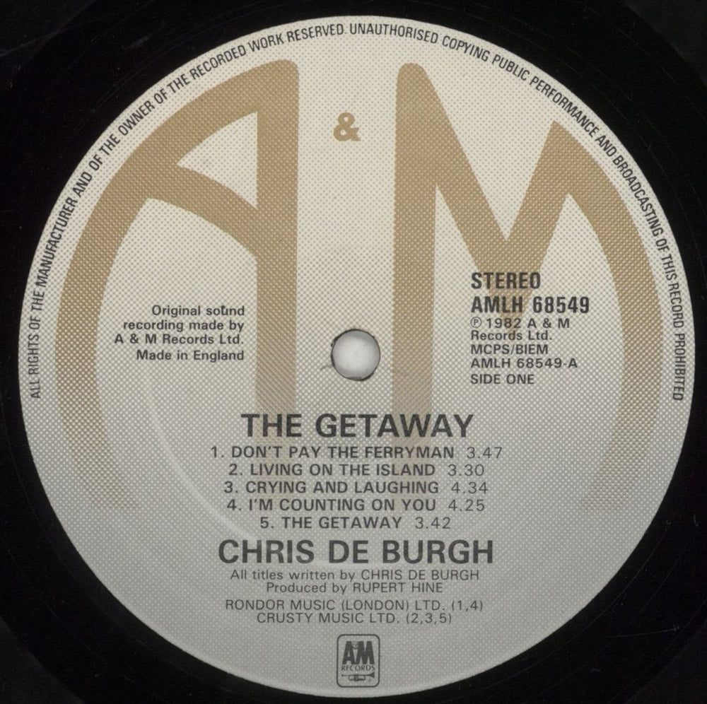 Chris De Burgh The Getaway UK vinyl LP album (LP record) BURLPTH261335