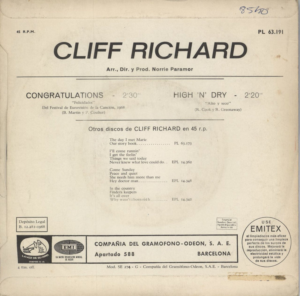 Cliff Richard Congratulations Spanish 7" vinyl single (7 inch record / 45)