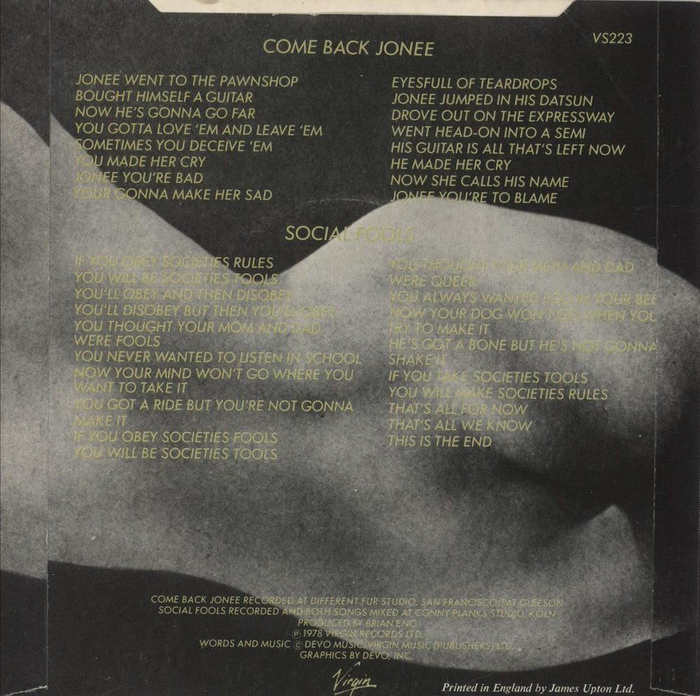 Devo Come Back Jonee UK 7" vinyl single (7 inch record / 45)