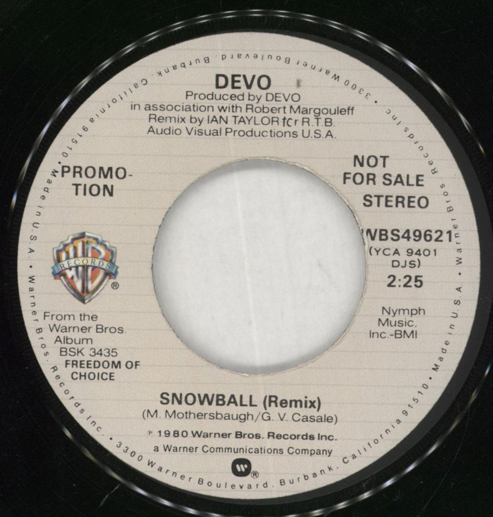 Devo Freedom Of Choice / Snowball US Promo 7" vinyl single (7 inch record / 45)