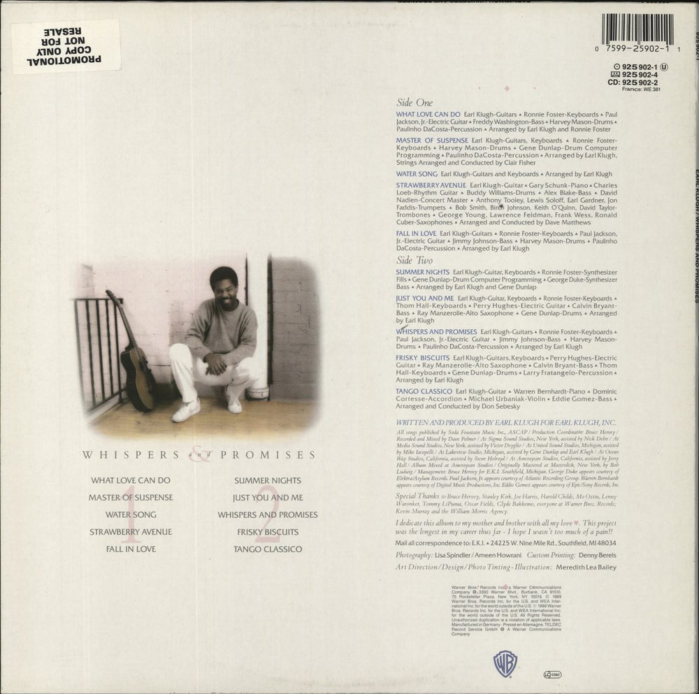 Earl Klugh Whispers And Promises UK vinyl LP album (LP record) 075992590211