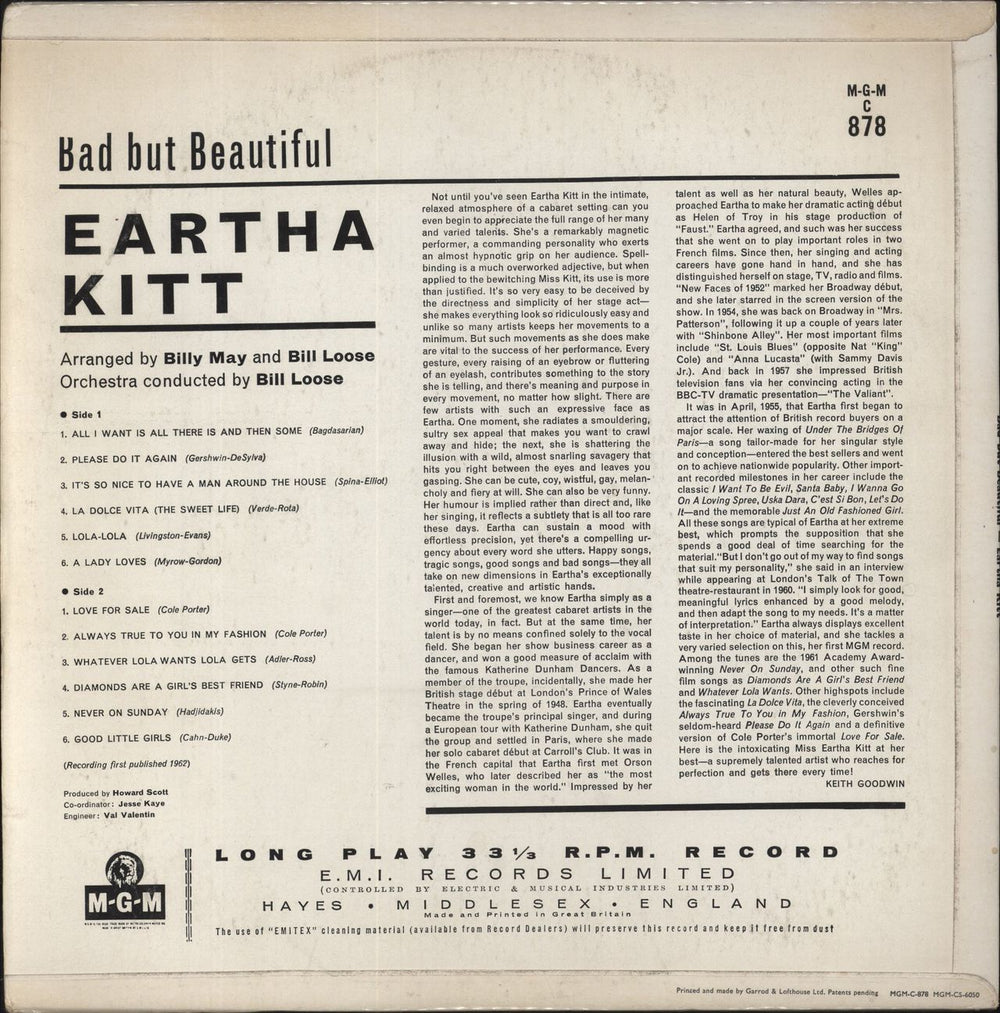 Eartha Kitt Bad But Beautiful UK vinyl LP album (LP record)