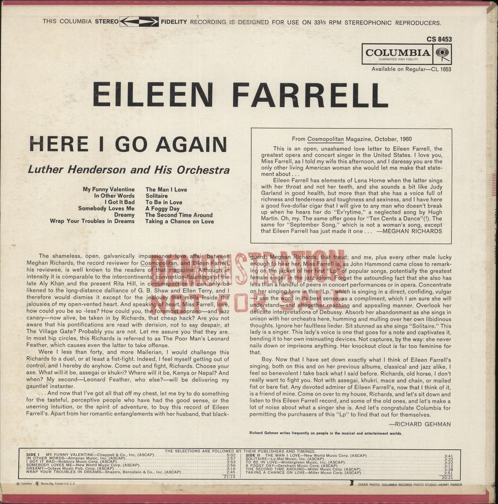 Eileen Farrell Here I Go Again US Promo vinyl LP album (LP record)