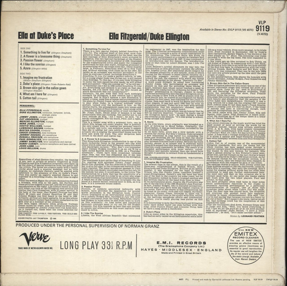 Ella Fitzgerald & Duke Ellington Ella At Duke's Place UK vinyl LP album (LP record)