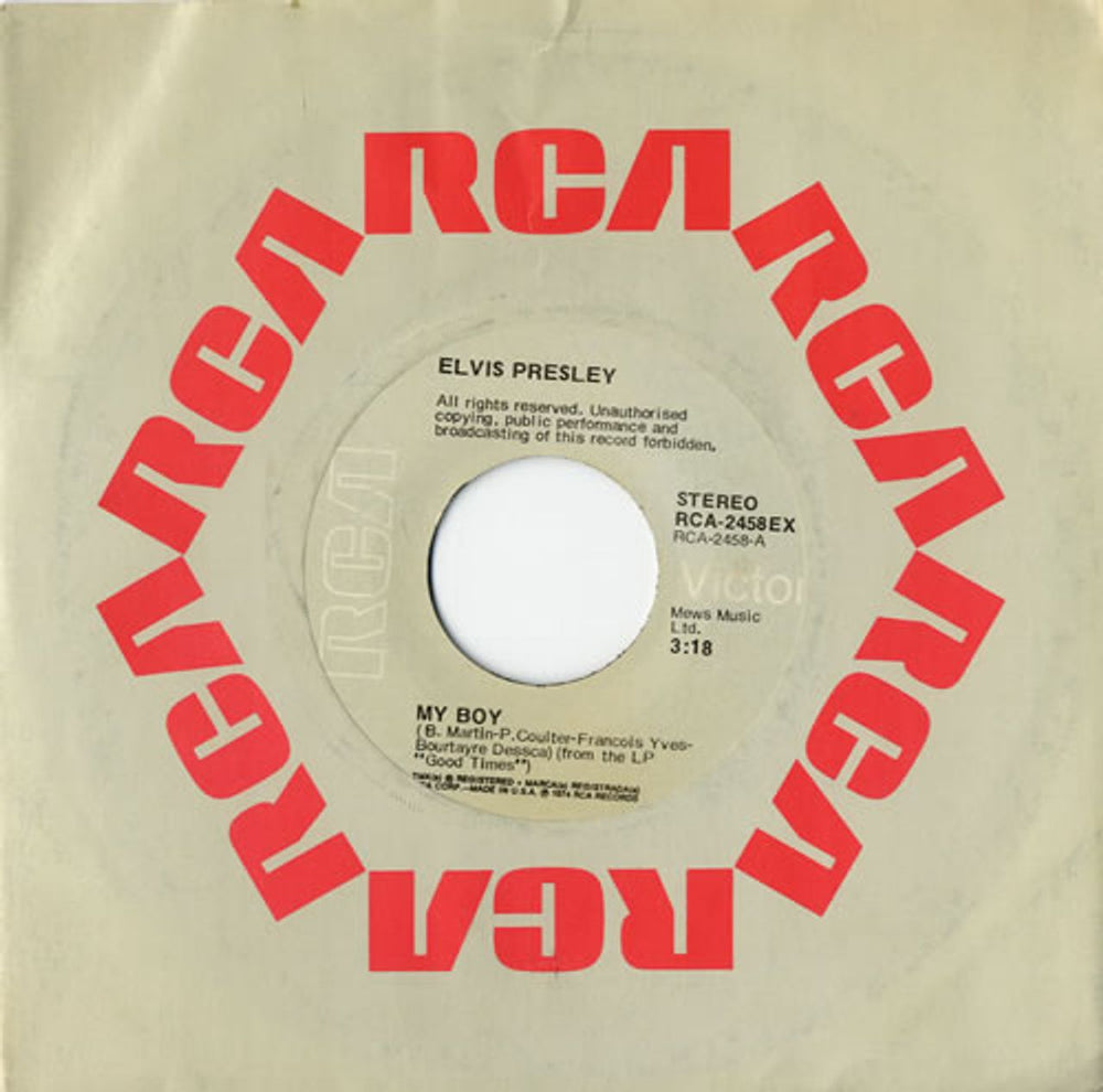 Elvis Presley My Boy - Grey Label Export UK 7" vinyl single (7 inch record / 45) RCA-2458EX