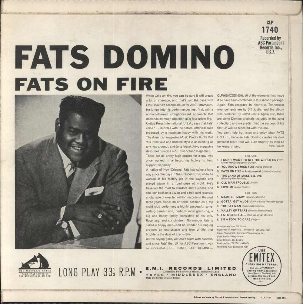 Fats Domino Fats On Fire UK vinyl LP album (LP record)