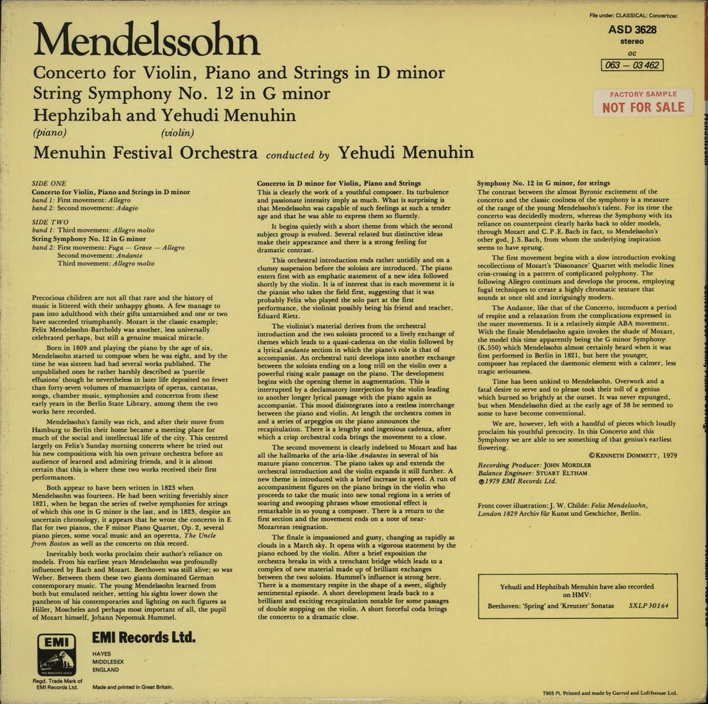 Felix Mendelssohn Concerto For Violin, Piano And Strings In D Minor	 UK vinyl LP album (LP record)