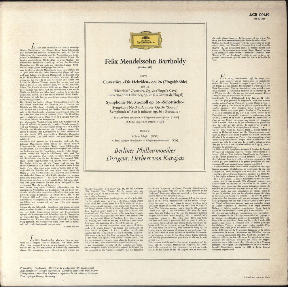 Felix Mendelssohn Mendelssohn: Symphonie Nr. 3 »Schottische« • Hebriden-Ouvertüre Italian vinyl LP album (LP record)
