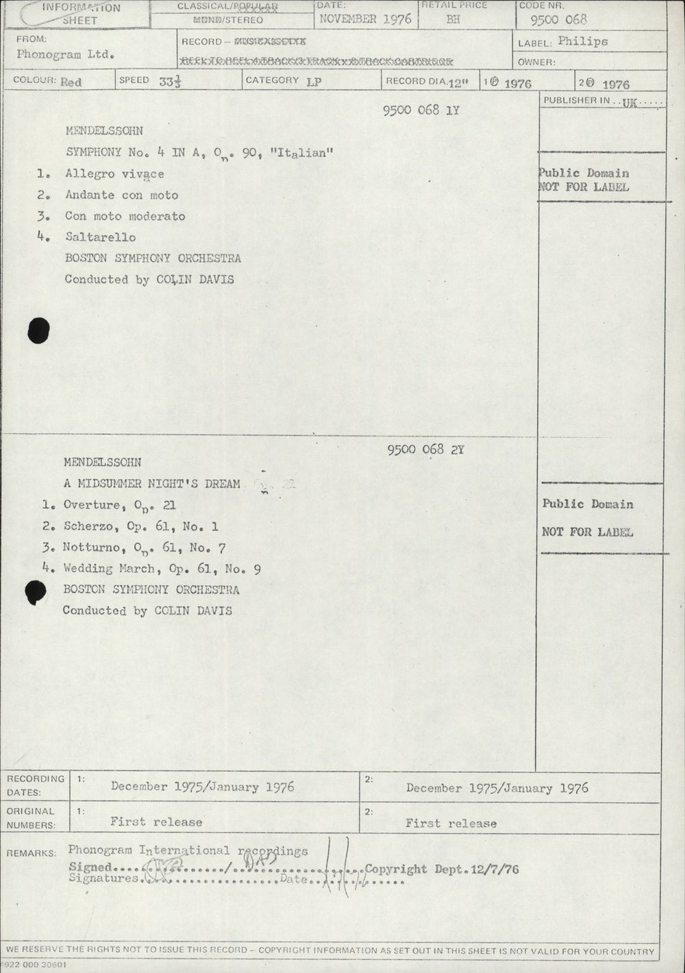 Felix Mendelssohn Symphony No. 4 & Music from 'A Midsummer Night's Dream' - White Label Test Pressing UK Promo vinyl LP album (LP record)