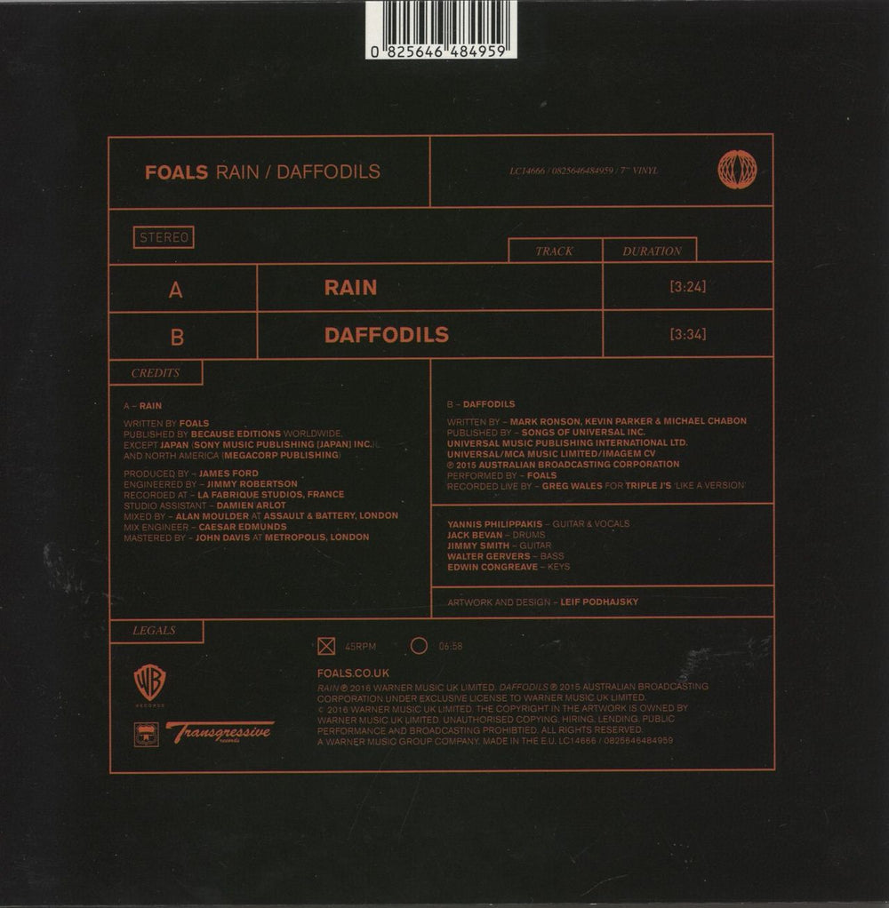 Foals Rain / Daffodils - RSD16 UK 7" vinyl single (7 inch record / 45) 825646484959