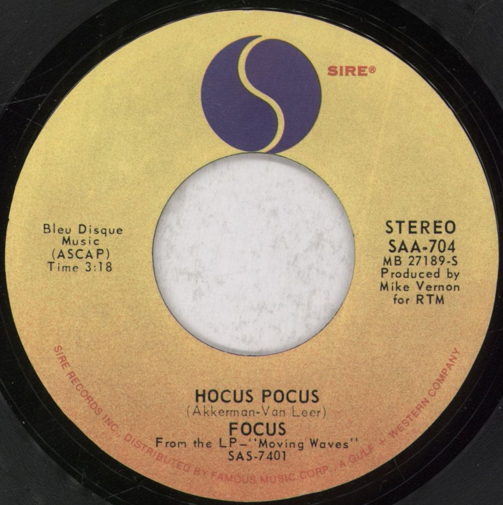 Focus Hocus Pocus US 7" vinyl single (7 inch record / 45) SAA-704