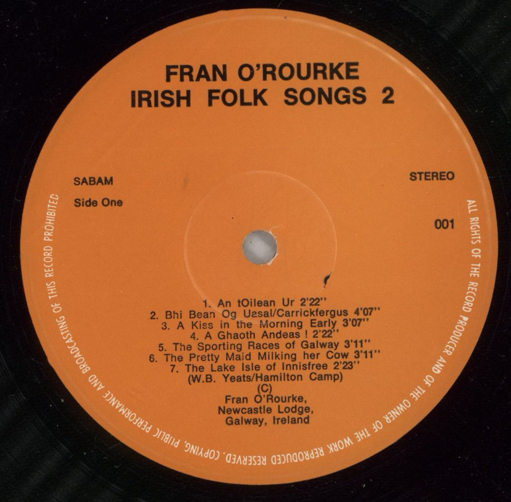 Fran O'Rourke Irish Folk Songs 2 UK vinyl LP album (LP record) 9VFLPIR875946