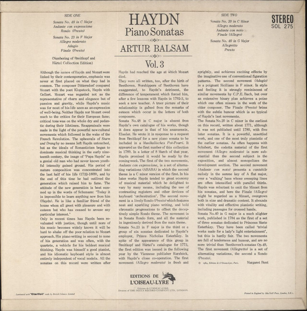 Franz Joseph Haydn Haydn: Piano Sonatas, Vol. 3 UK vinyl LP album (LP record)