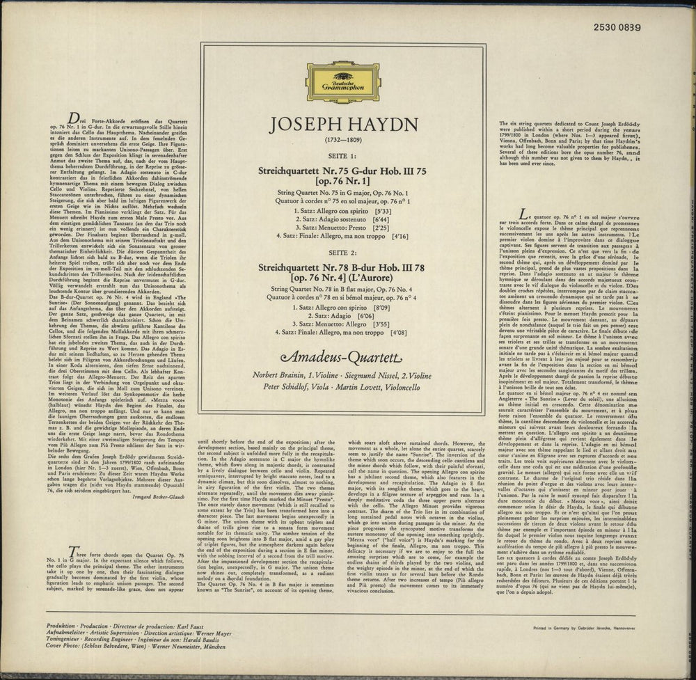 Franz Joseph Haydn Haydn: String Quartets in G Major And In B Flat Major German vinyl LP album (LP record)