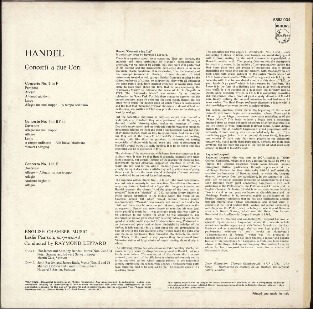 George Frideric Handel Concerti A Due Cori Italian vinyl LP album (LP record)