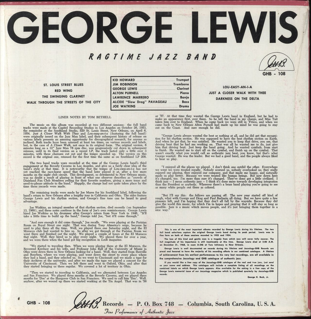 George Lewis George Lewis Ragtime Jazz Band US vinyl LP album (LP record)