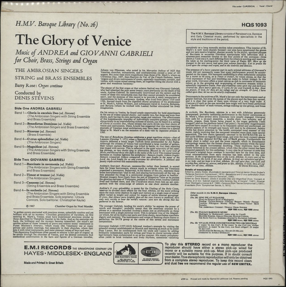 Giovanni Gabrieli The Glory of Venice UK vinyl LP album (LP record)