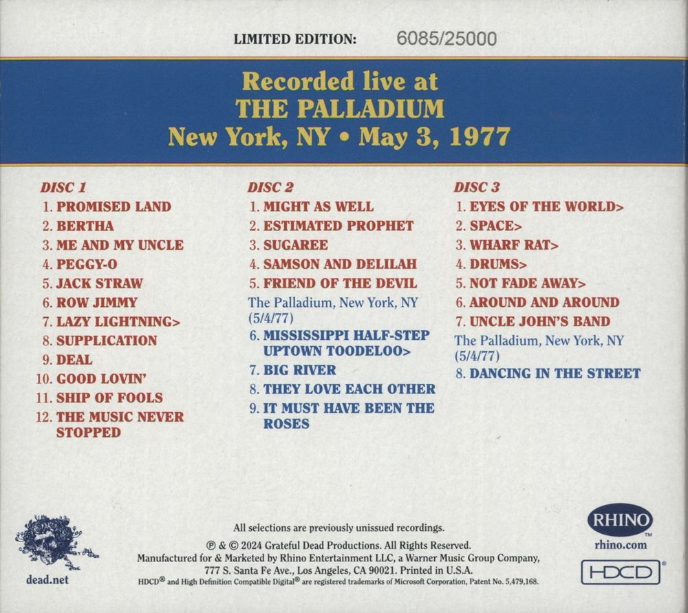Grateful Dead Dave's Picks, Volume 50 (The Palladium, New York, NY - 5/3/77) US 4-CD album set 081227817473
