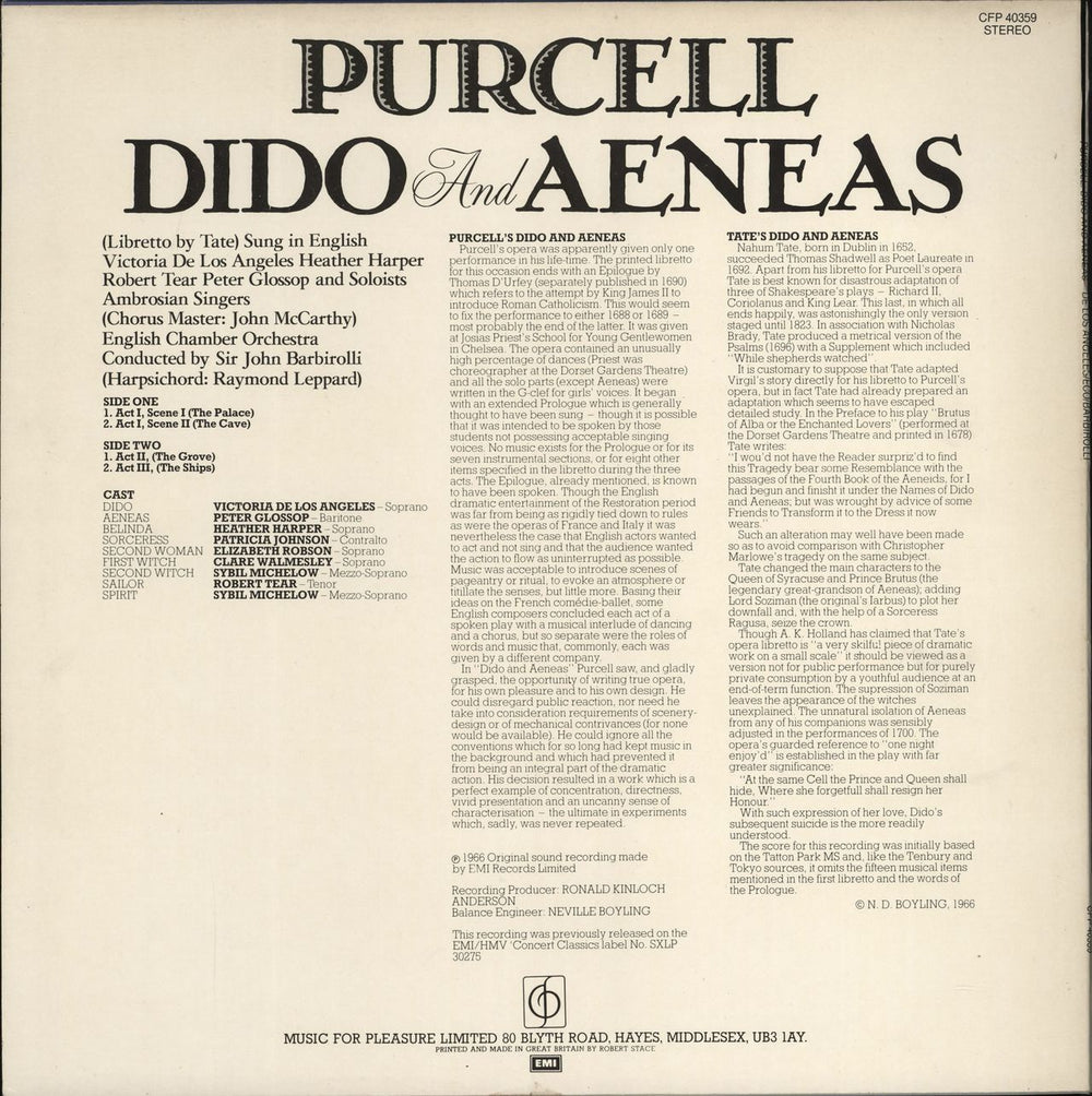 Henry Purcell Dido & Aeneas UK vinyl LP album (LP record)