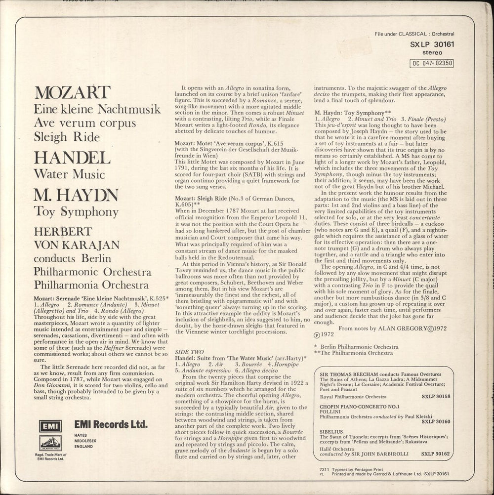 Herbert Von Karajan Mozart: Eine Kleine Nachtmusik, Ave Verum Corpus, Sleigh Ride / Handel: Water Music UK vinyl LP album (LP record)